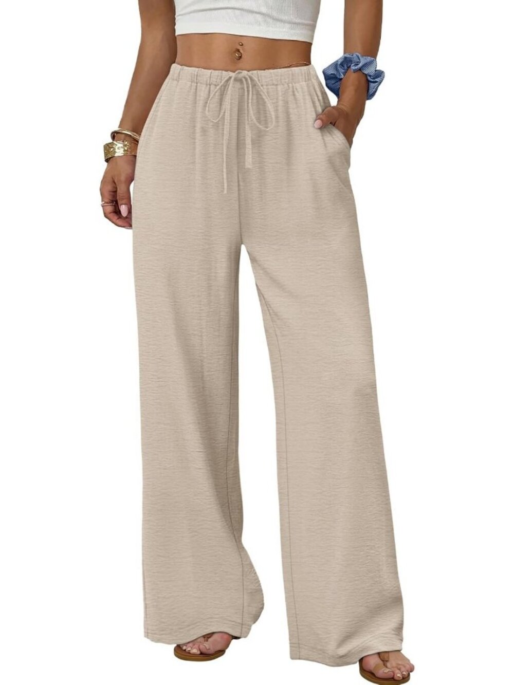 Flowy Wide Leg Palazzo Pants for Women | Drawstring Elastic Waist Trousers with